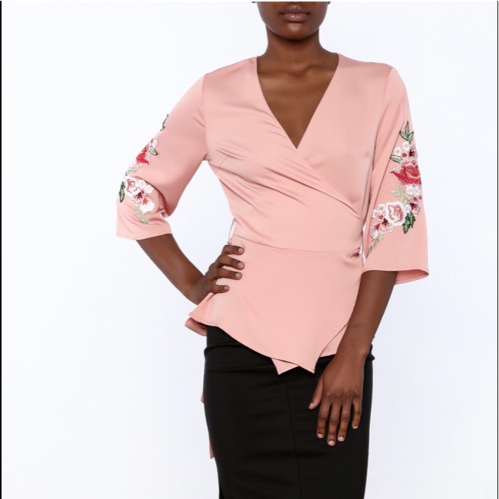 HOMMAGE FROM LOS ANGELES EMBROIDERED SLEEVE WRAP BLOUSE TOP